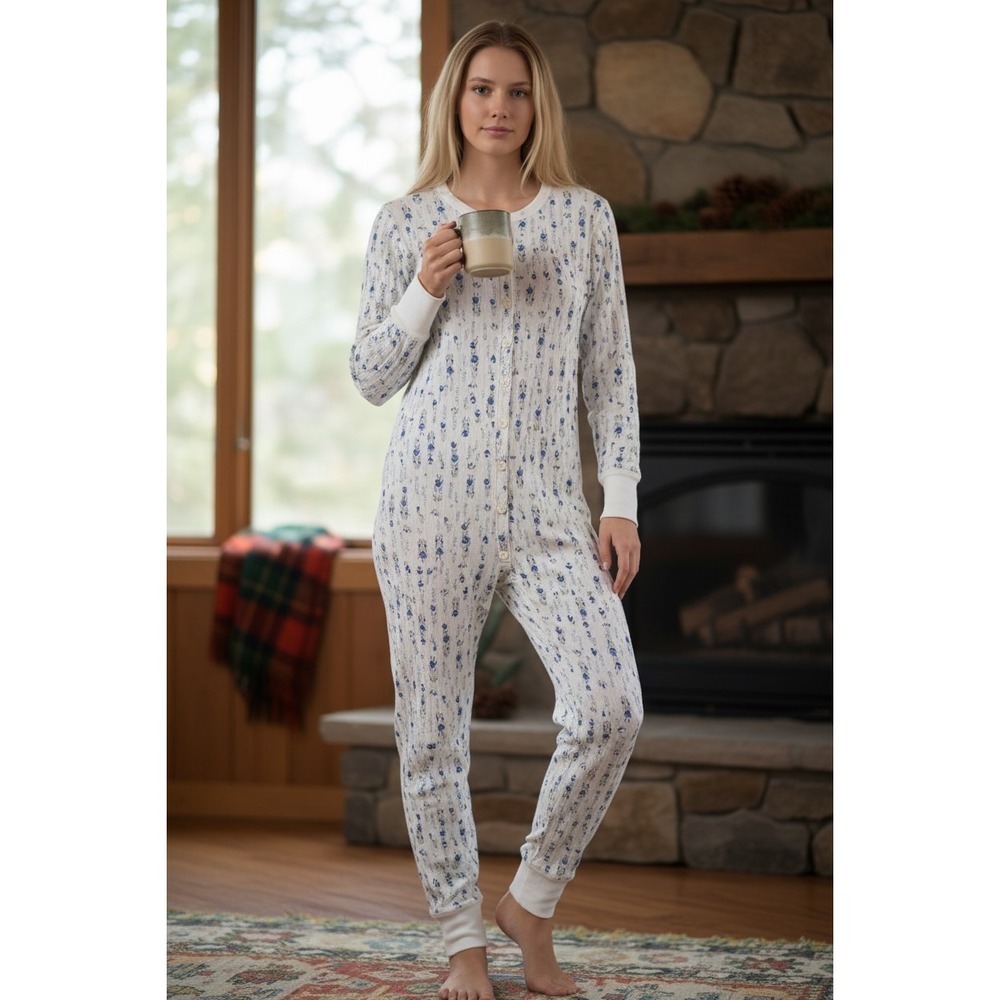 EMS Thermal Pajamas Jumpsuit Womens M Floral Cottagecore Wool Cabin Union Suit